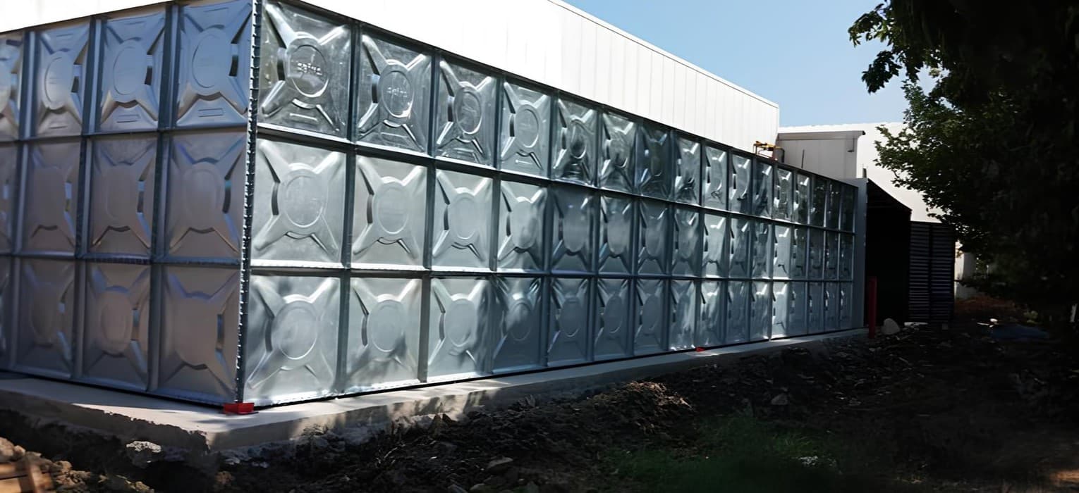 Galvanised panel prismatic modular water tank assembled on site
