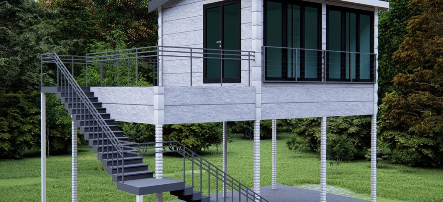 Module de bureau préfabriqué posé sur poteaux métalliques